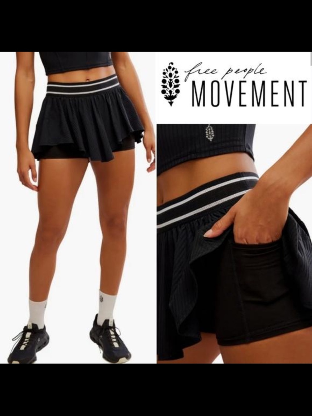 FP Movement Sultry Tennis Skort Black Ribbed Athletic Skirt Built In Shorts Pock